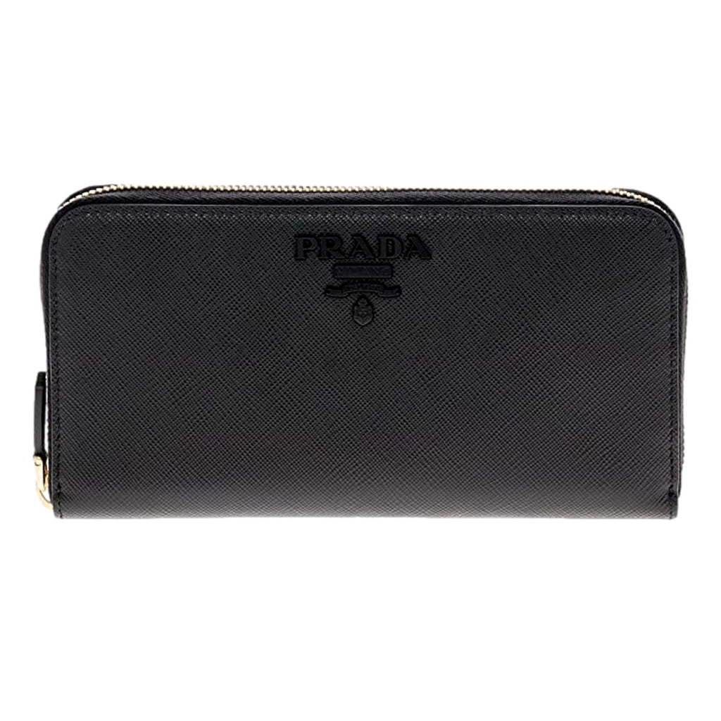 Prada Black Logo Saffiano Leather Zip Around Wallet 1ML506 at_Queen_Bee_of_Beverly_Hills