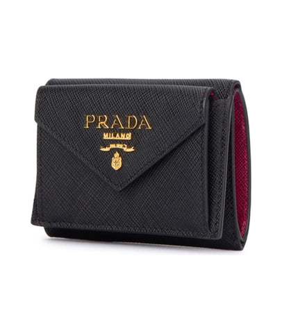 Prada Saffiano Metal Tri-Fold Envelope Card Holder Wallet Nero Black and Pink