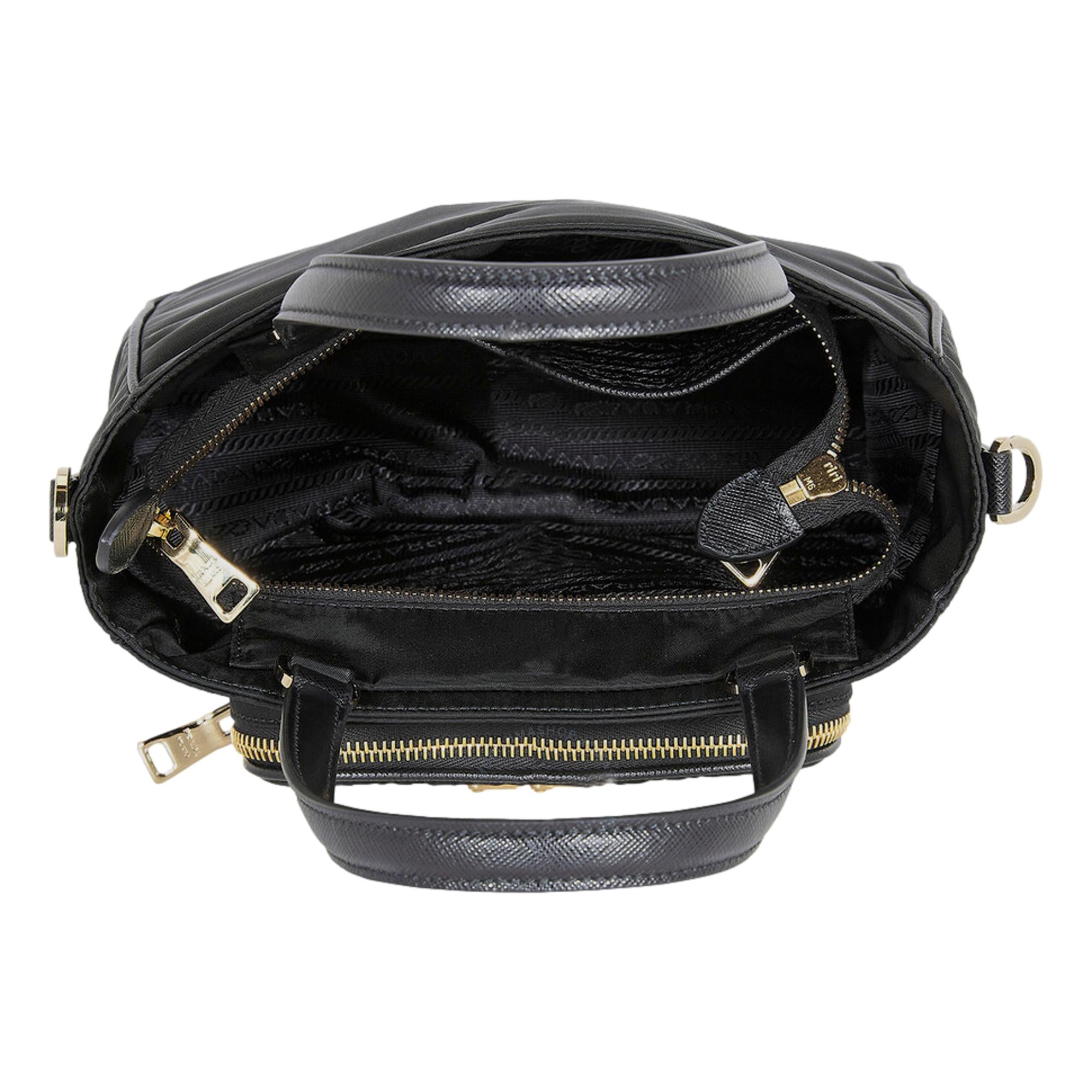 Prada Black Tessuto Nylon Saffiano Leather Crossbody Satchel Bag available at Queen Bee of Beverly Hills
