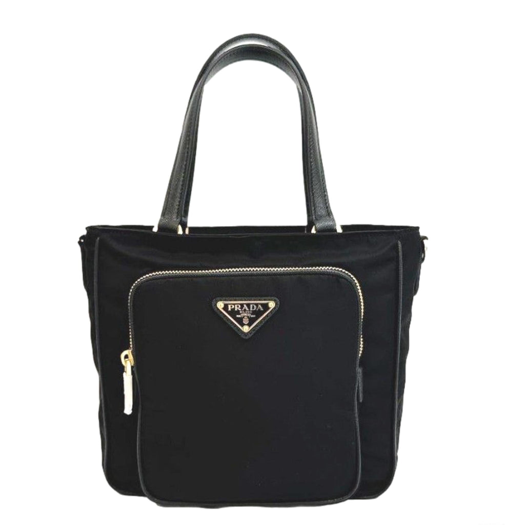 Prada Tessuto Nylon Saffiano Leather Black Shopping Tote Bag