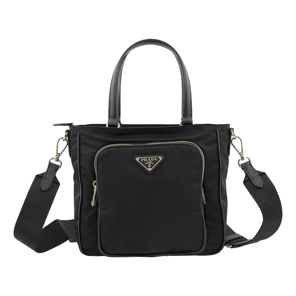 Prada Black Tessuto Nylon Saffiano Leather Shopping Tote Bag at_Queen_Bee_of_Beverly_Hills