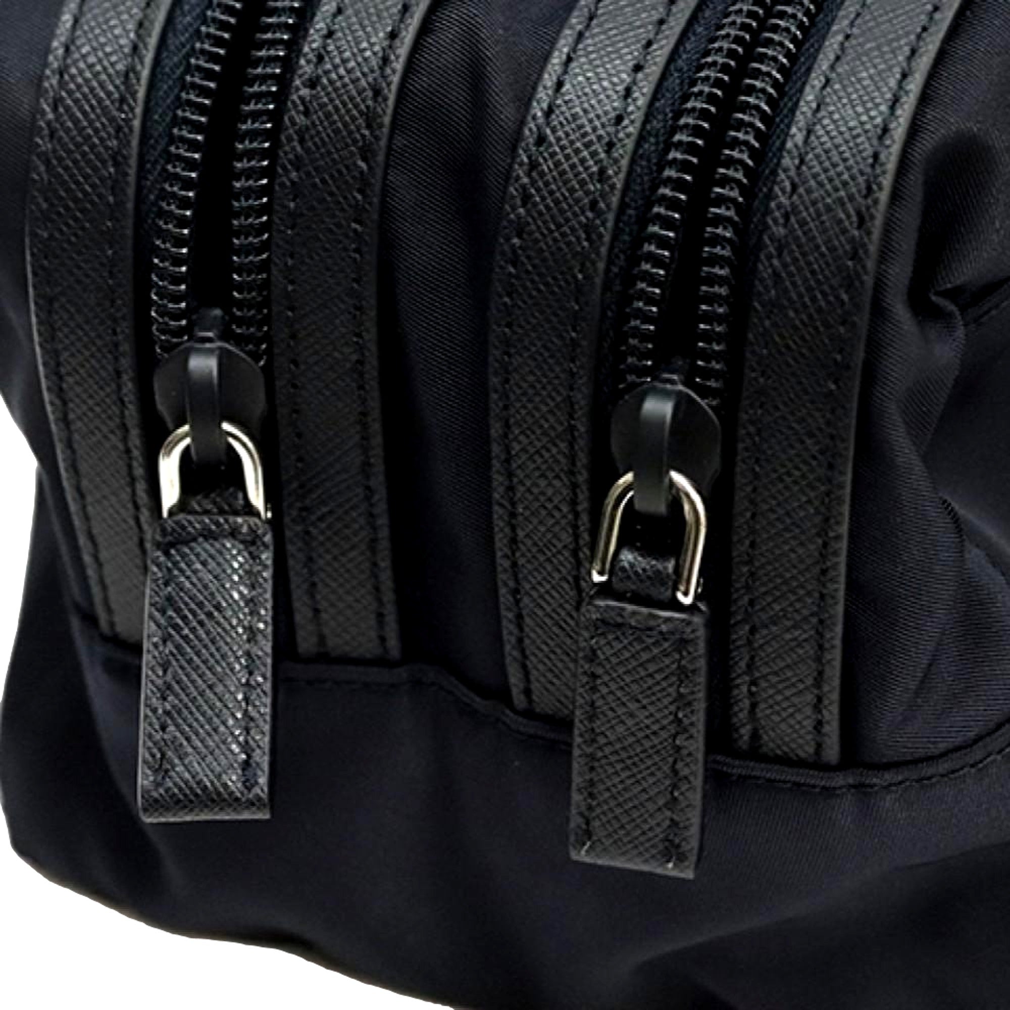 Prada Black Tessuto Nylon Saffiano Leather Trim Double Zip Necessaire Dopp Toiletry Bag available at Queen Bee of Beverly Hills