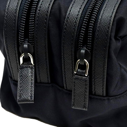 Prada Black Tessuto Nylon Saffiano Leather Trim Double Zip Necessaire Dopp Toiletry Bag available at Queen Bee of Beverly Hills