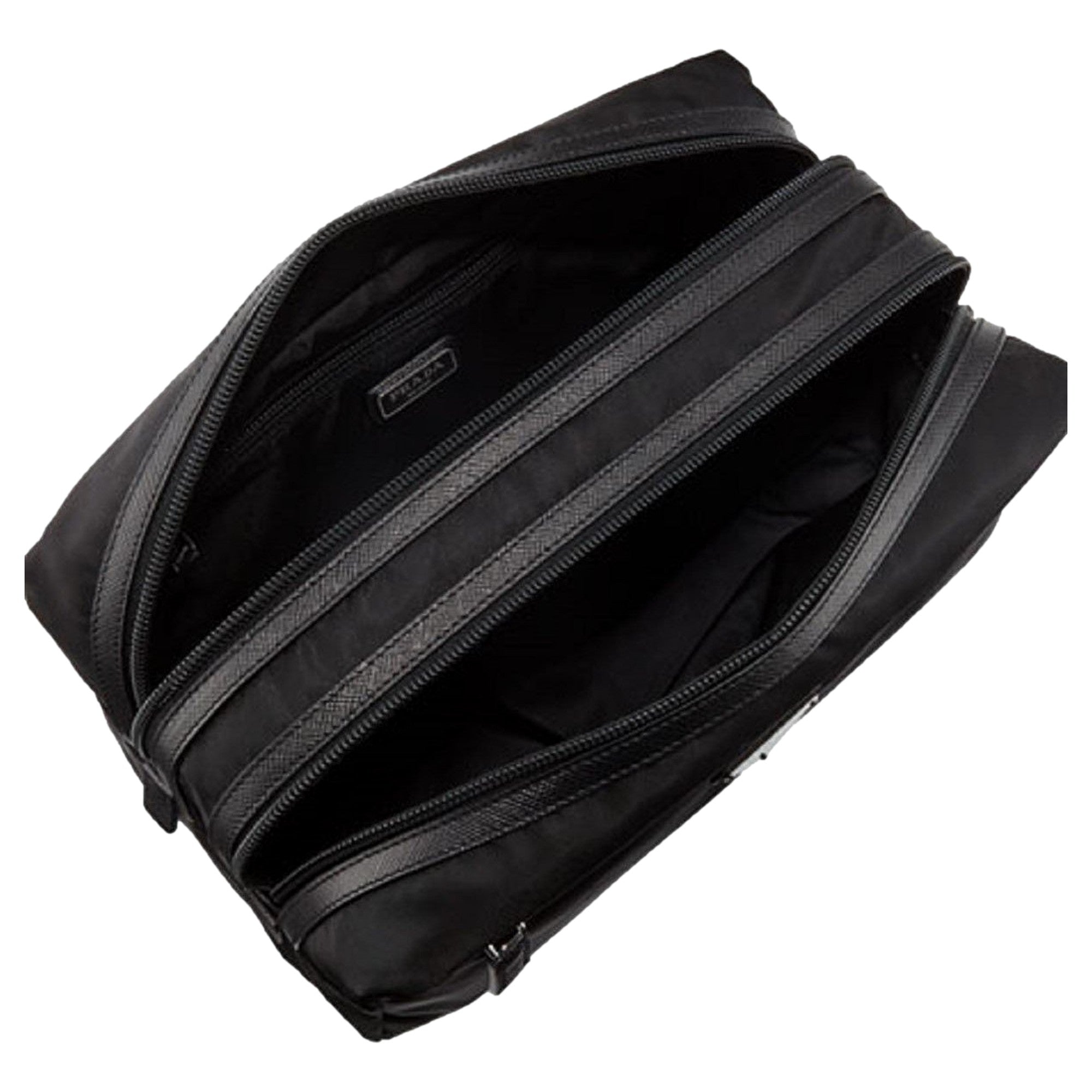 Prada Black Tessuto Nylon Saffiano Leather Trim Double Zip Necessaire Dopp Toiletry Bag available at Queen Bee of Beverly Hills