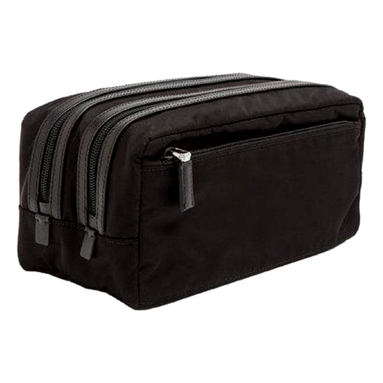 Prada Black Tessuto Nylon Saffiano Leather Trim Double Zip Necessaire Dopp Toiletry Bag available at Queen Bee of Beverly Hills