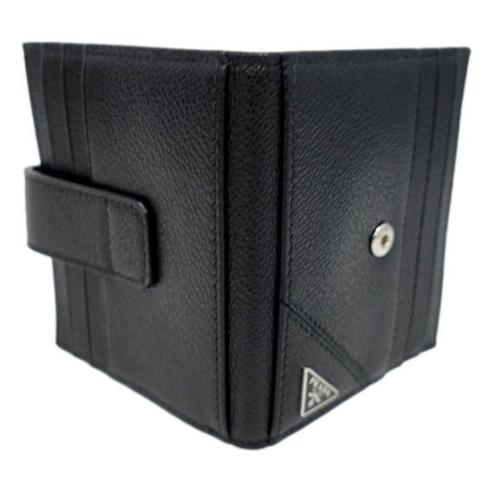 Prada Black Vitello Grain Leather Card  Bifold Wallet available at Queen Bee of Beverly Hills