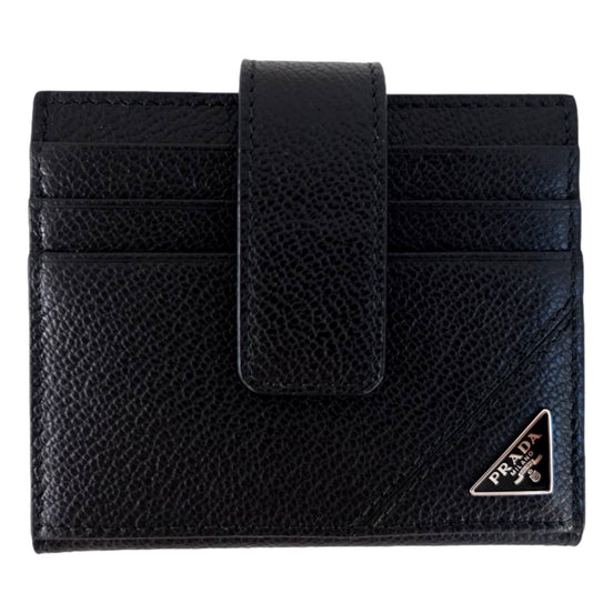 Prada Black Vitello Grain Leather Card  Bifold Wallet available at Queen Bee of Beverly Hills