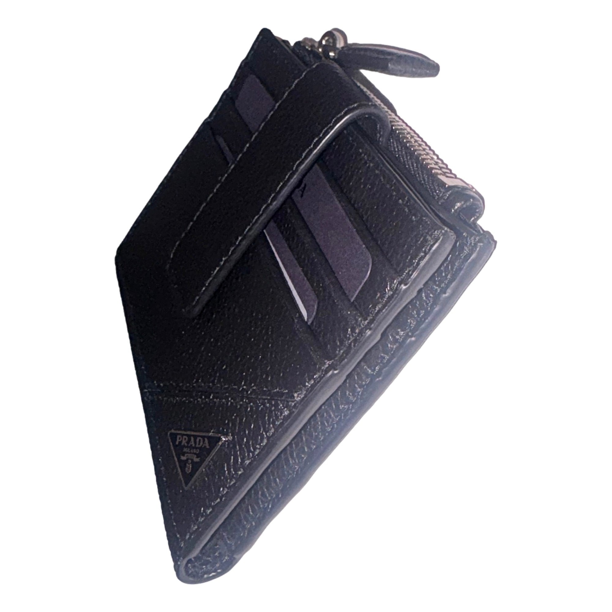 Prada Black Vitello Grain Leather Card Case Bifold Wallet with Zipper Coin Pouch available at Queen Bee of Beverly Hills