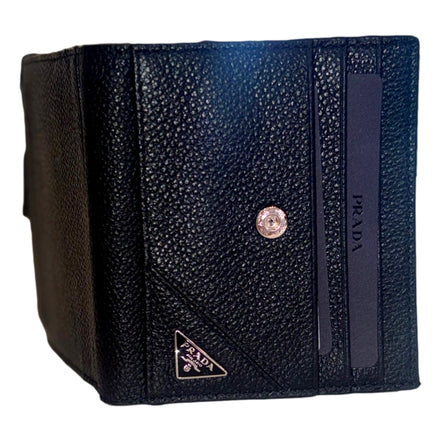 Prada Black Vitello Grain Leather Card Case Bifold Wallet with Zipper Coin Pouch available at Queen Bee of Beverly Hills