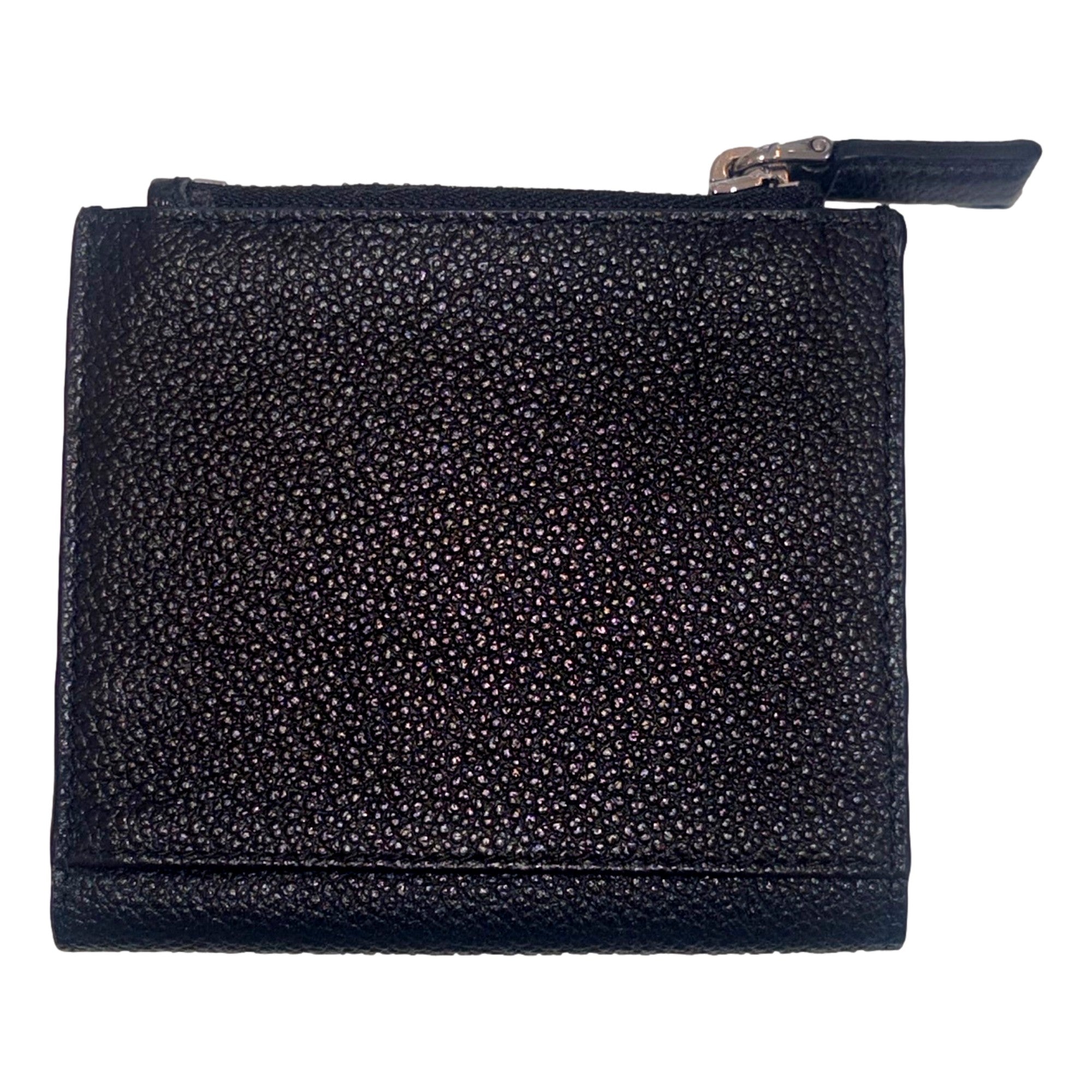 Prada Black Vitello Grain Leather Card Case Bifold Wallet with Zipper Coin Pouch available at Queen Bee of Beverly Hills
