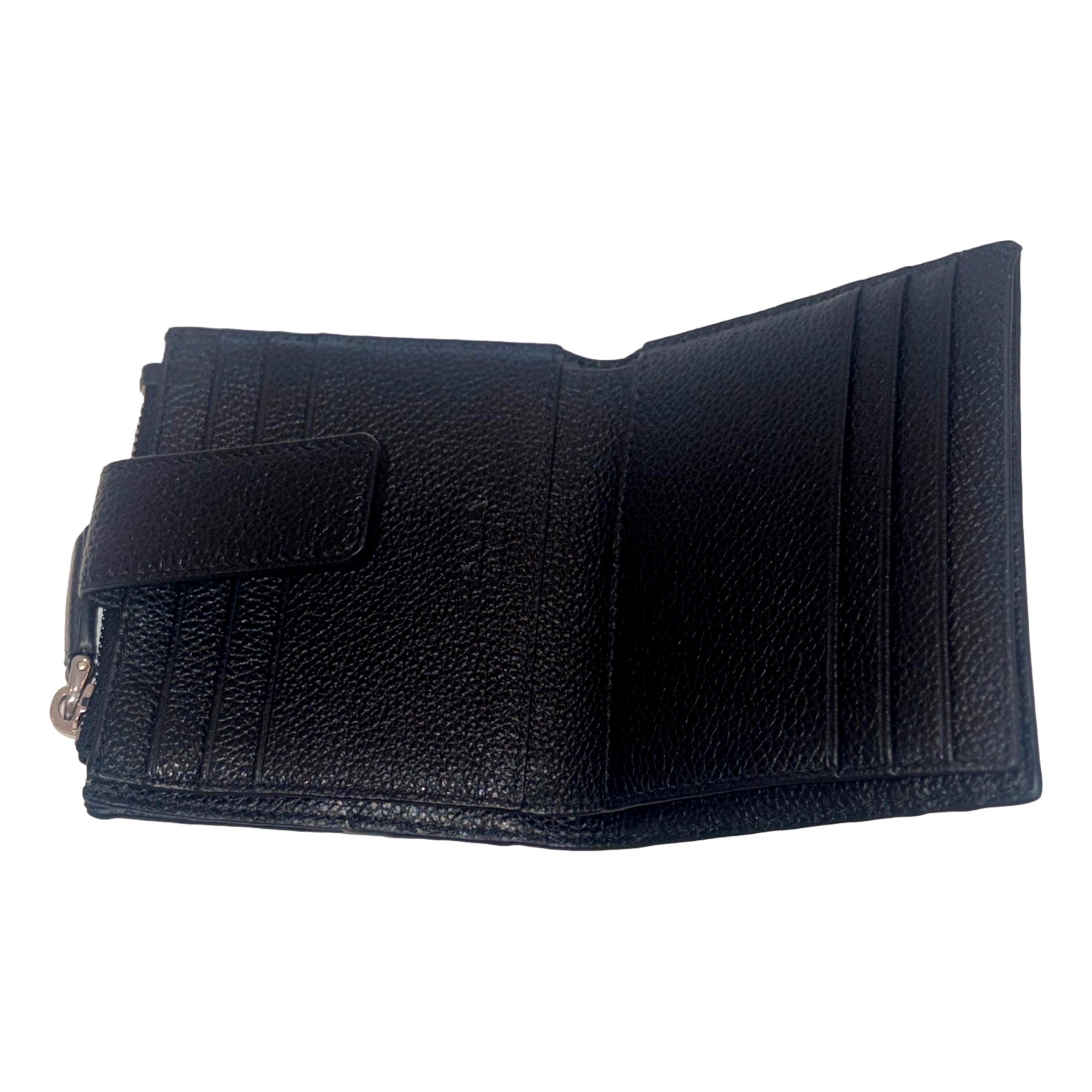Prada Black Vitello Grain Leather Card Case Bifold Wallet with Zipper Coin Pouch available at Queen Bee of Beverly Hills