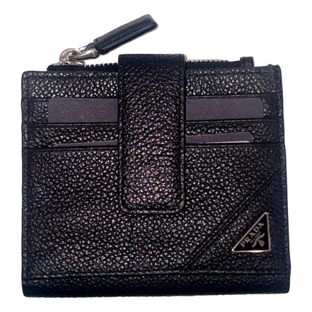 Prada Black Vitello Grain Leather Card Case Bifold Wallet with Zipper Coin Pouch available at Queen Bee of Beverly Hills