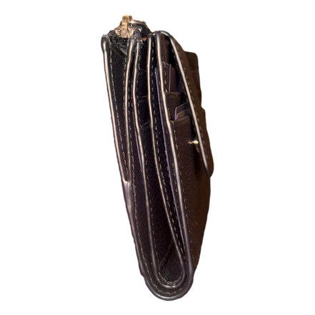 Prada Black Vitello Grain Leather Card Case Bifold Wallet with Zipper Coin Pouch available at Queen Bee of Beverly Hills