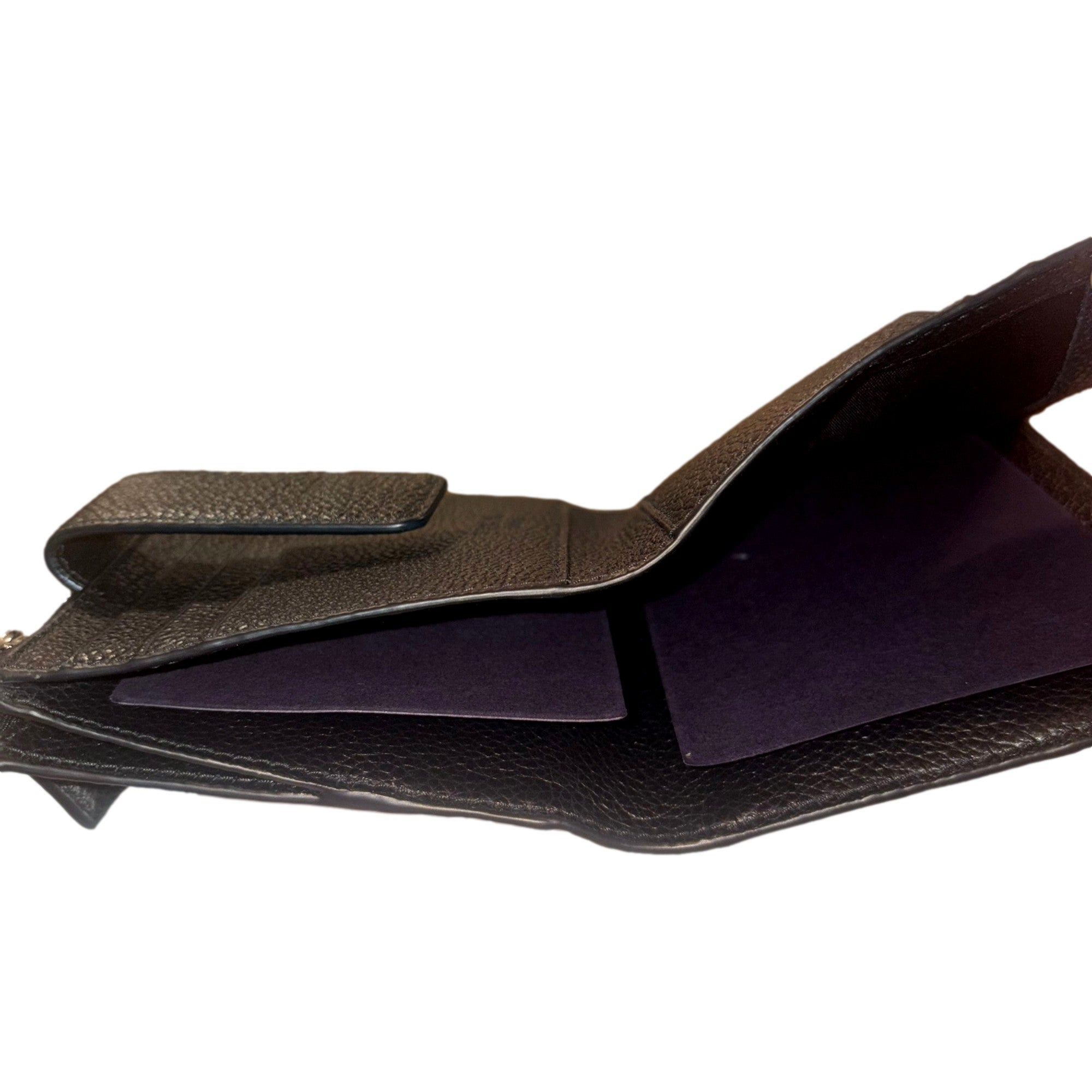 Prada Black Vitello Grain Leather Card Case Bifold Wallet with Zipper Coin Pouch available at Queen Bee of Beverly Hills