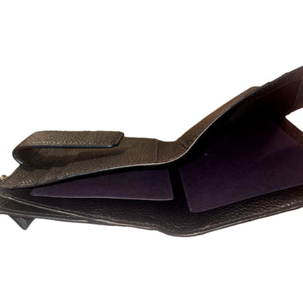 Prada Black Vitello Grain Leather Card Case Bifold Wallet with Zipper Coin Pouch available at Queen Bee of Beverly Hills