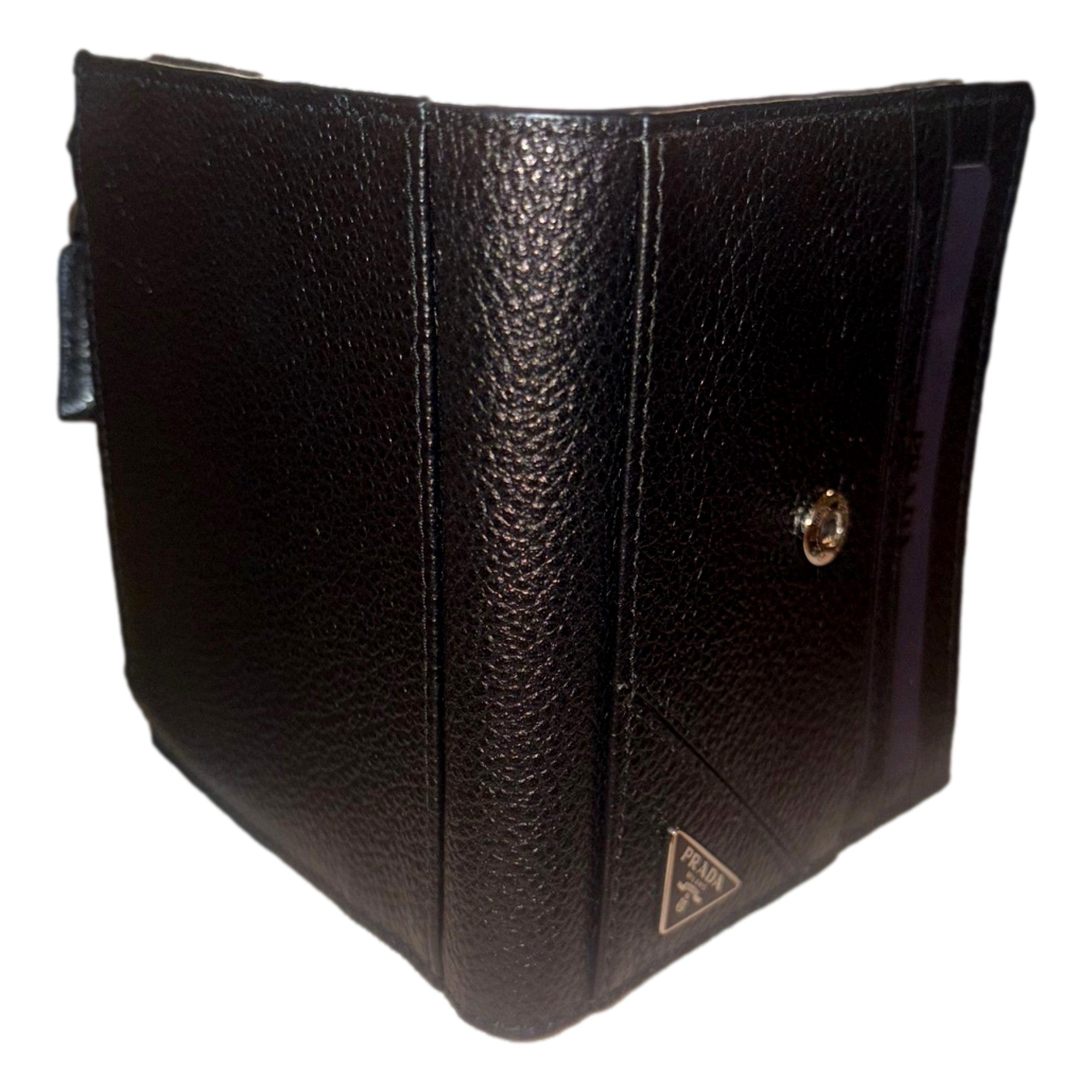 Prada Black Vitello Grain Leather Card Case Bifold Wallet with Zipper Coin Pouch available at Queen Bee of Beverly Hills