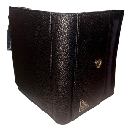 Prada Black Vitello Grain Leather Card Case Bifold Wallet with Zipper Coin Pouch available at Queen Bee of Beverly Hills