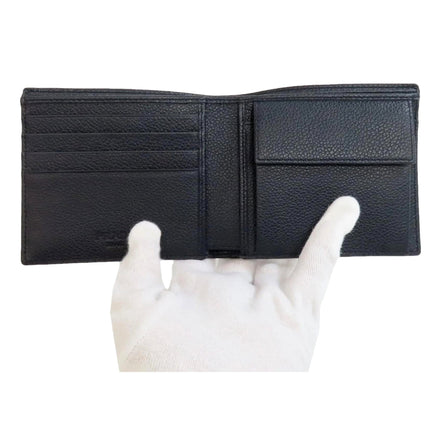 Prada Black Vitello Micro Grain Leather Bifold Wallet Triangle Enamel Logo available at Queen Bee of Beverly Hills