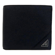 Prada Black Vitello Micro Grain Leather Bifold Wallet Triangle Enamel Logo available at Queen Bee of Beverly Hills
