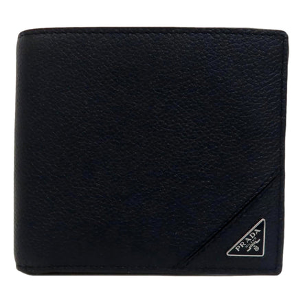 Prada Black Vitello Micro Grain Leather Bifold Wallet Triangle Enamel Logo available at Queen Bee of Beverly Hills