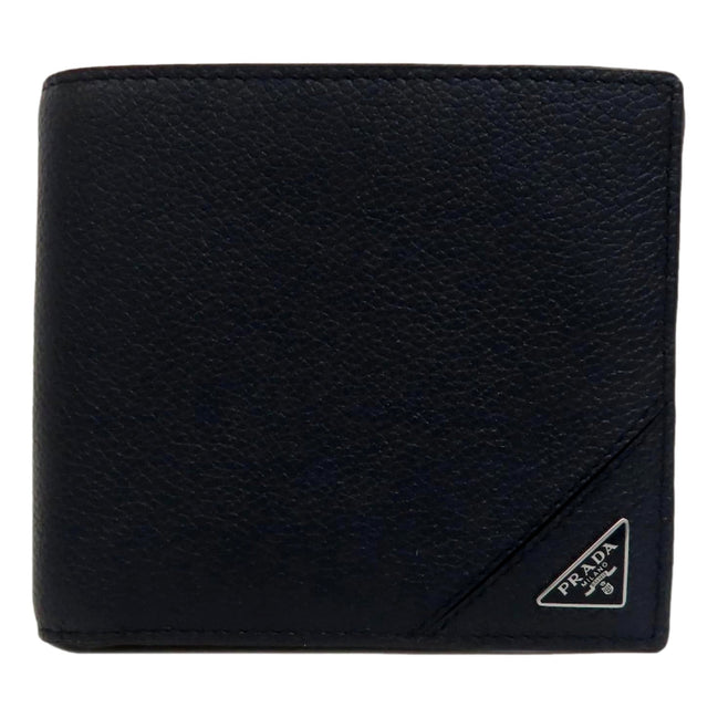 Prada Black Vitello Micro Grain Leather Bifold Wallet Triangle Enamel Logo available at Queen Bee of Beverly Hills