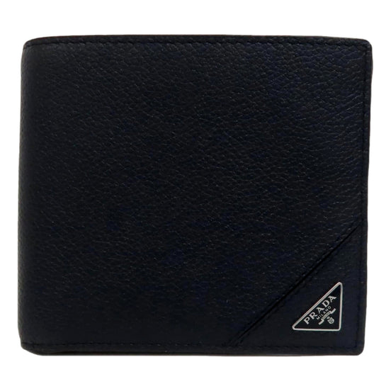 Prada Black Vitello Micro Grain Leather Bifold Wallet Triangle Enamel Logo available at Queen Bee of Beverly Hills