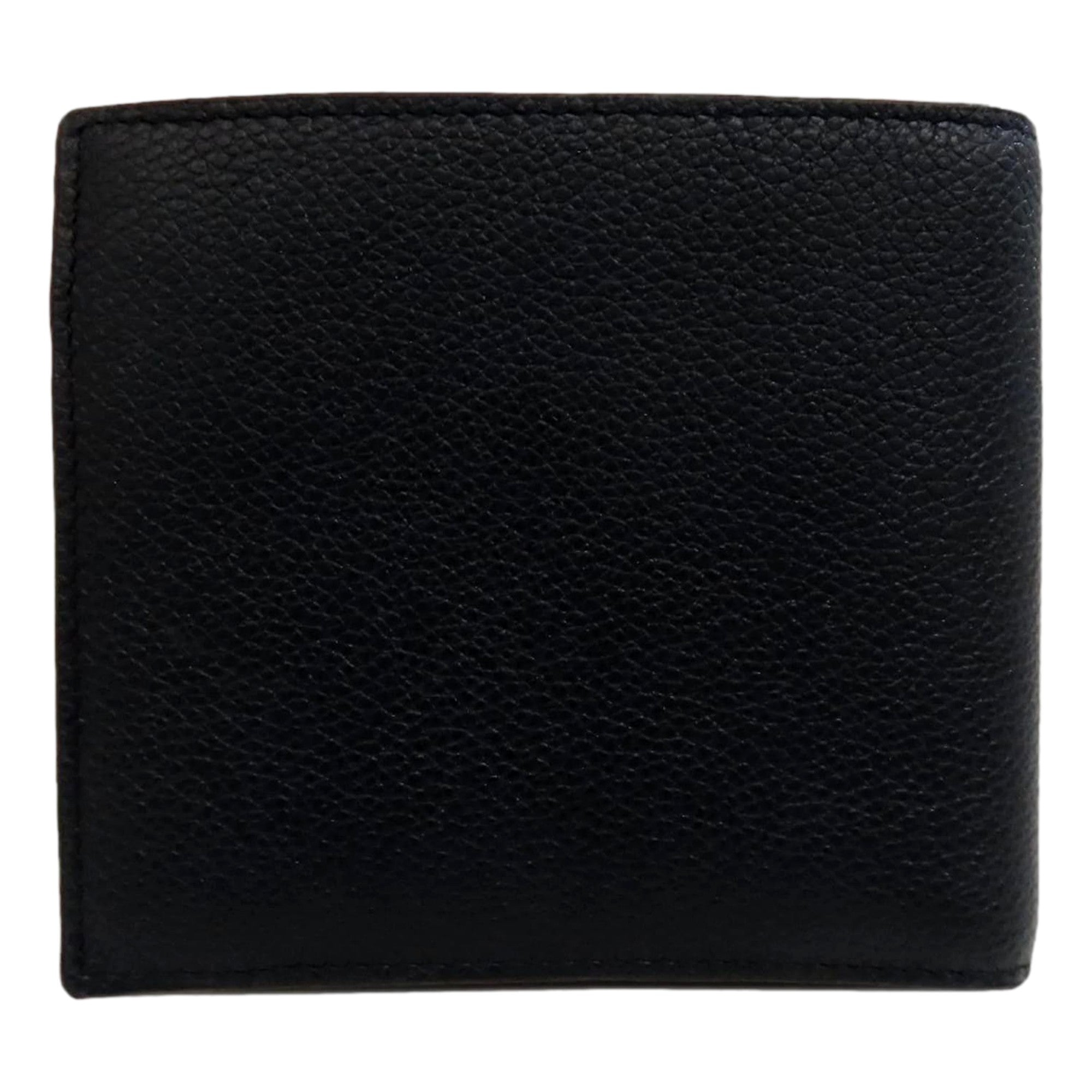 Prada Black Vitello Micro Grain Leather Bifold Wallet Triangle Enamel Logo available at Queen Bee of Beverly Hills