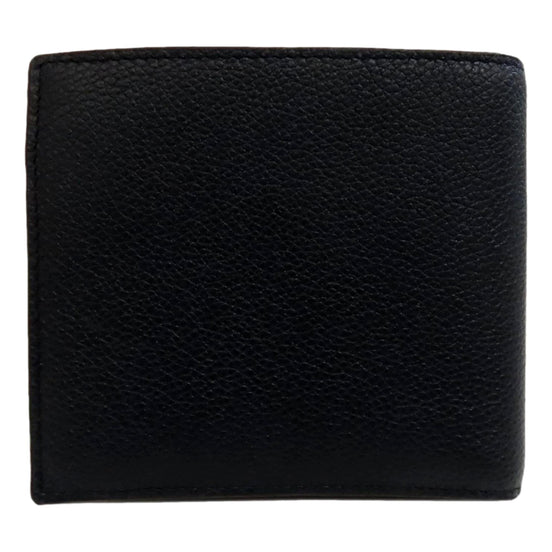 Prada Black Vitello Micro Grain Leather Bifold Wallet Triangle Enamel Logo available at Queen Bee of Beverly Hills