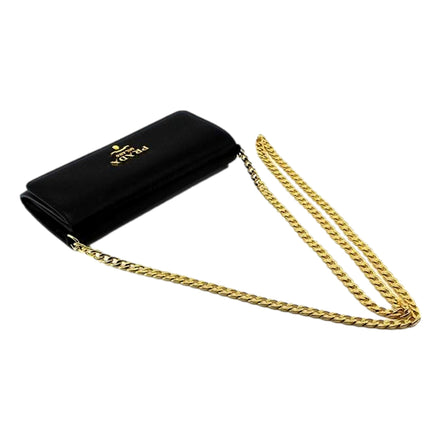 Prada Black Vitello Move Leather Chain Crossbody Wallet Clutch available at Queen Bee of Beverly Hills