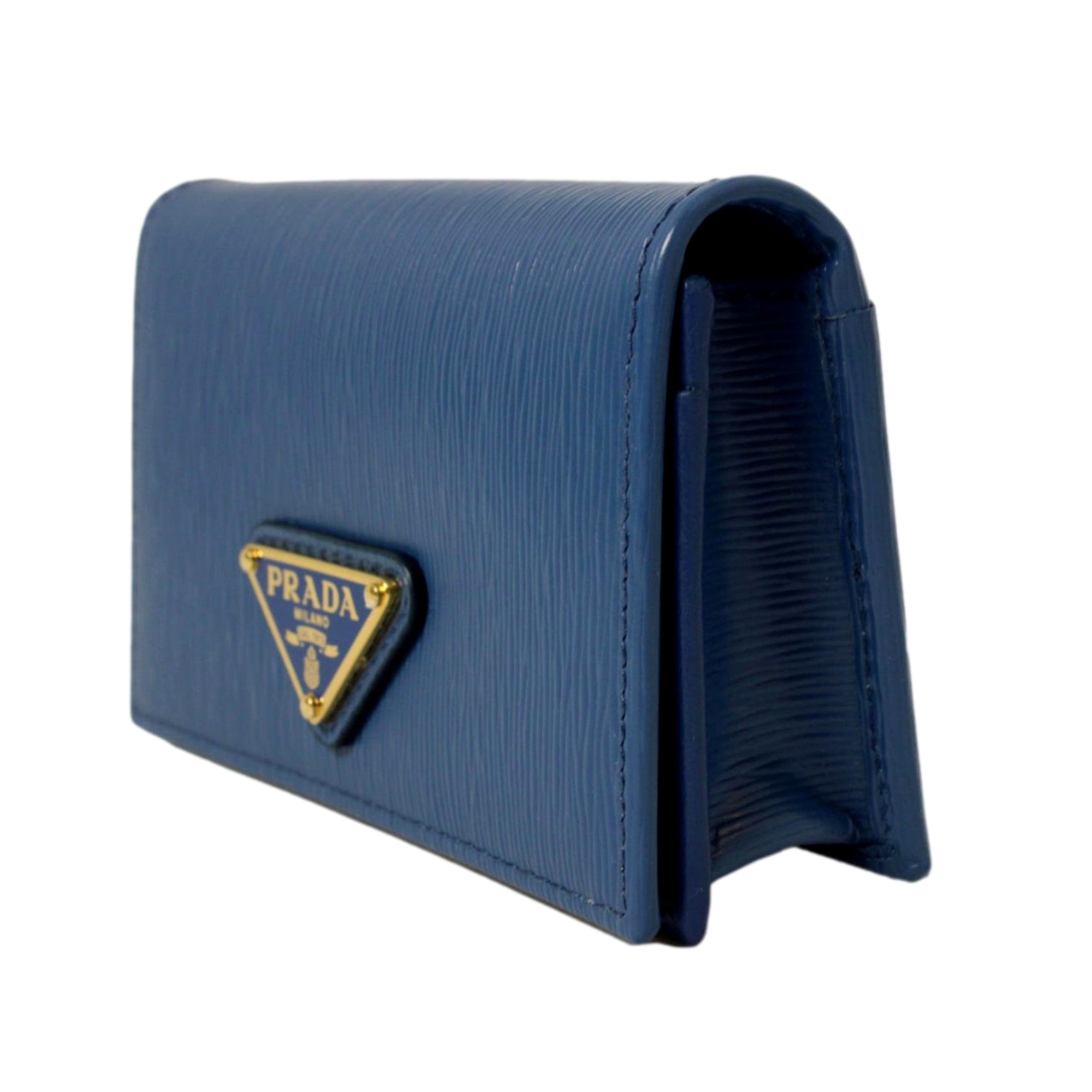 Prada Blue Vitello Move Leather Triangle Logo Card Case Wallet available at Queen Bee of Beverly Hills