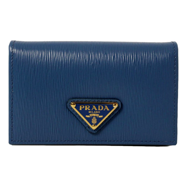 Prada Blue Vitello Move Leather Triangle Logo Card Case Wallet available at Queen Bee of Beverly Hills
