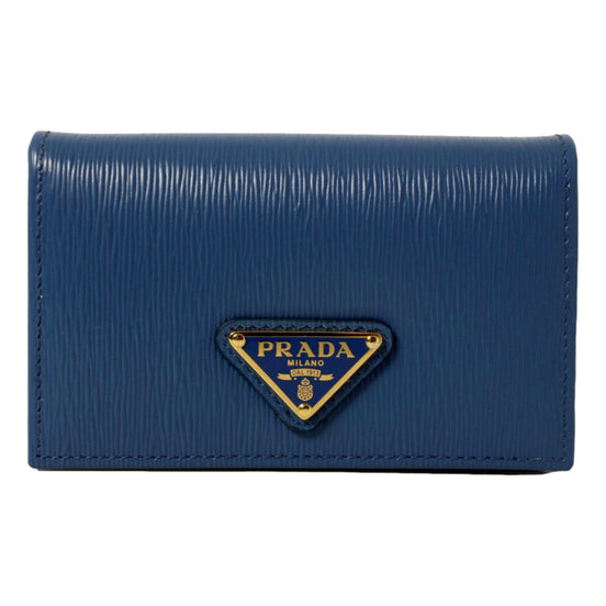 Prada Blue Vitello Move Leather Triangle Logo Card Case Wallet available at Queen Bee of Beverly Hills