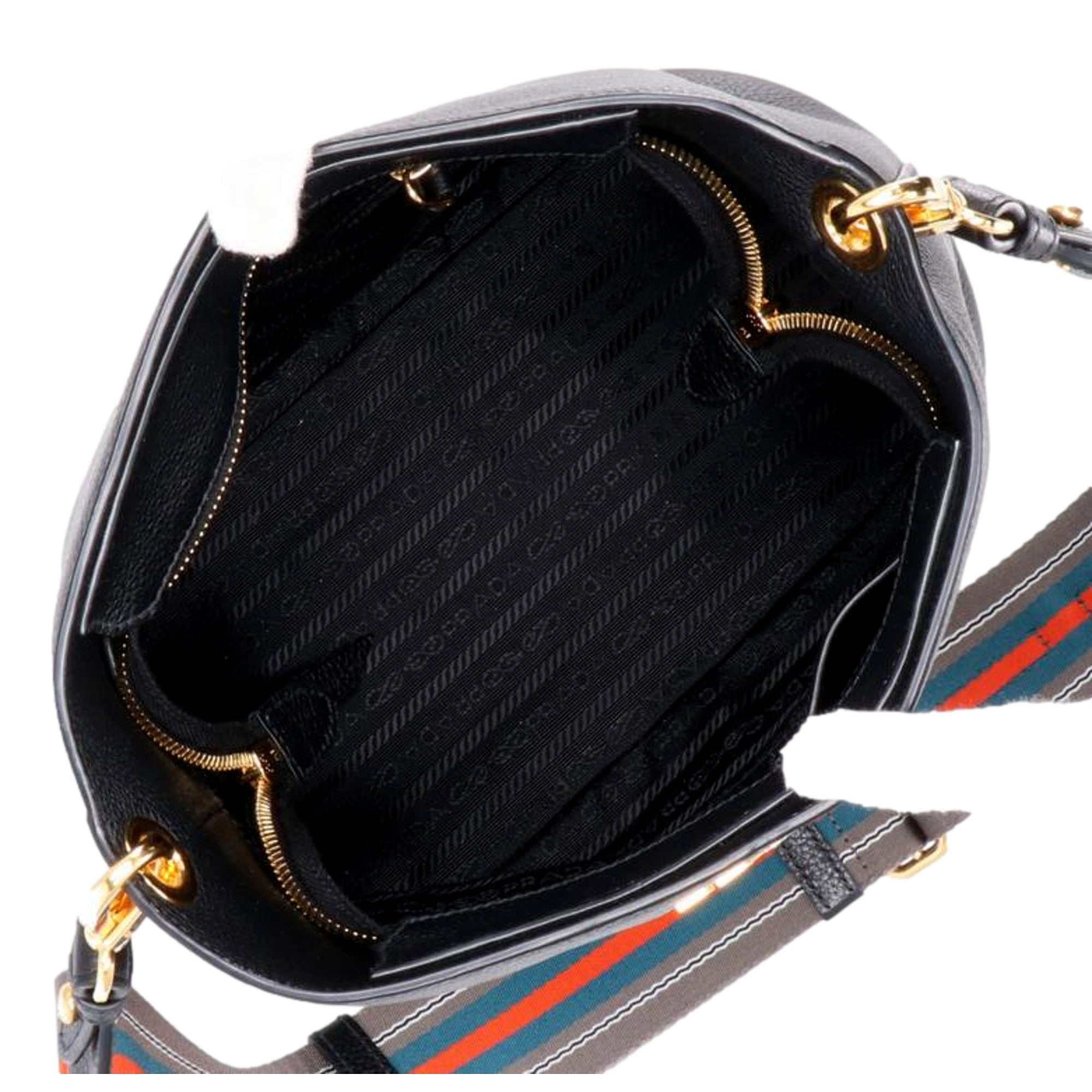Prada Vitello Phenix Black Leather Web Strap Bucket Bag | Queen
