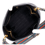 Prada Vitello Phenix Black Leather Web Strap Crossbody Bucket Bag