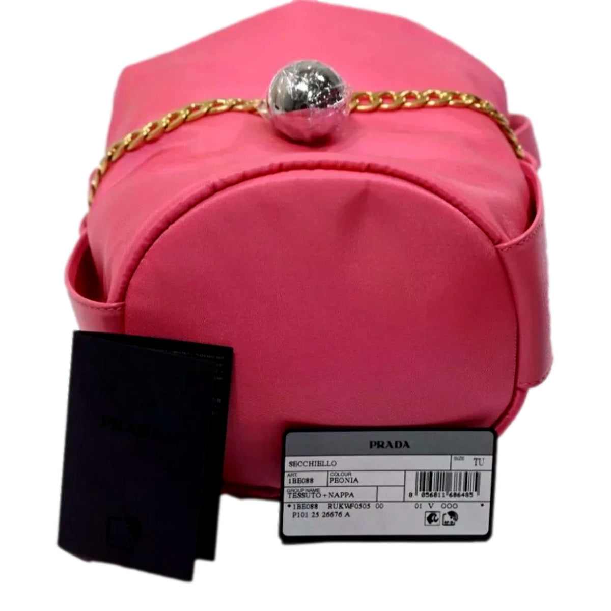 Prada Peonia Pink Tessuto Nylon Nappa Leather Chain Bucket Bag - available at Queen Bee of Beverly Hills. 