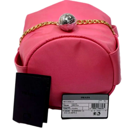 Prada Peonia Pink Tessuto Nylon Nappa Leather Chain Bucket Bag - available at Queen Bee of Beverly Hills. 