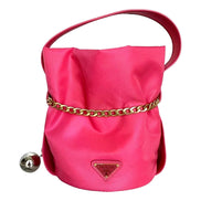 Prada Peonia Pink Tessuto Nylon Nappa Leather Chain Bucket Bag - available at Queen Bee of Beverly Hills. 