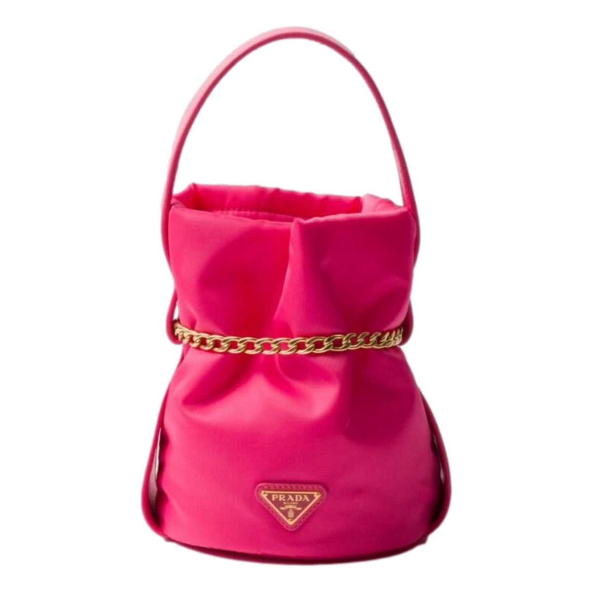 Prada Peonia Pink Tessuto Nylon Nappa Leather Chain Bucket Bag - available at Queen Bee of Beverly Hills. 