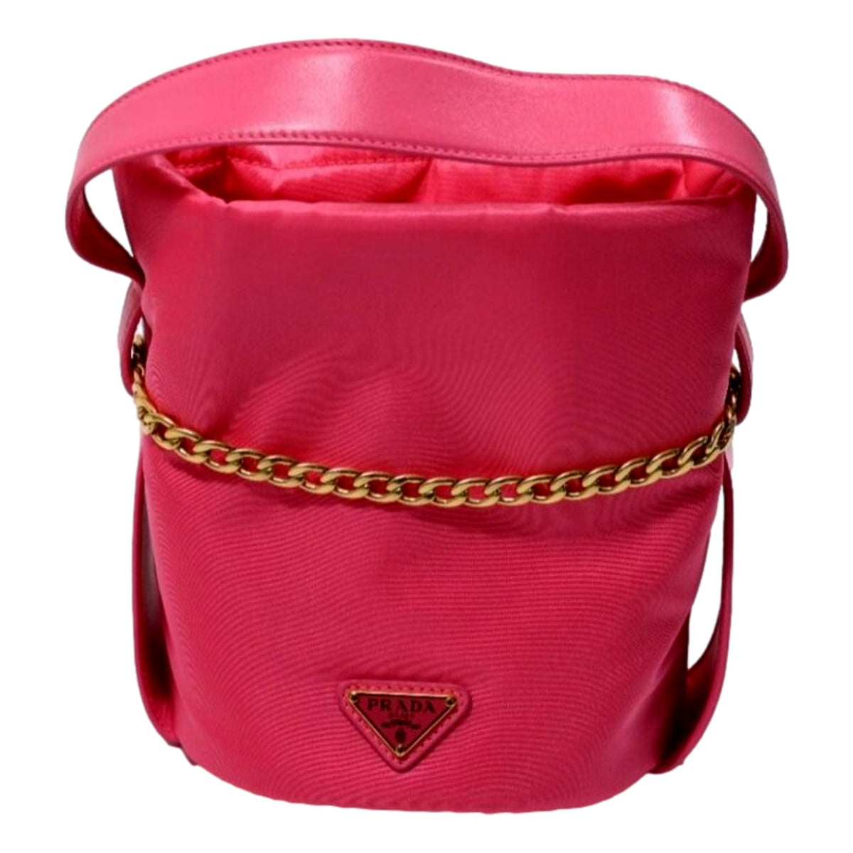 Prada Peonia Pink Tessuto Nylon Nappa Leather Chain Bucket Bag - available at Queen Bee of Beverly Hills. 