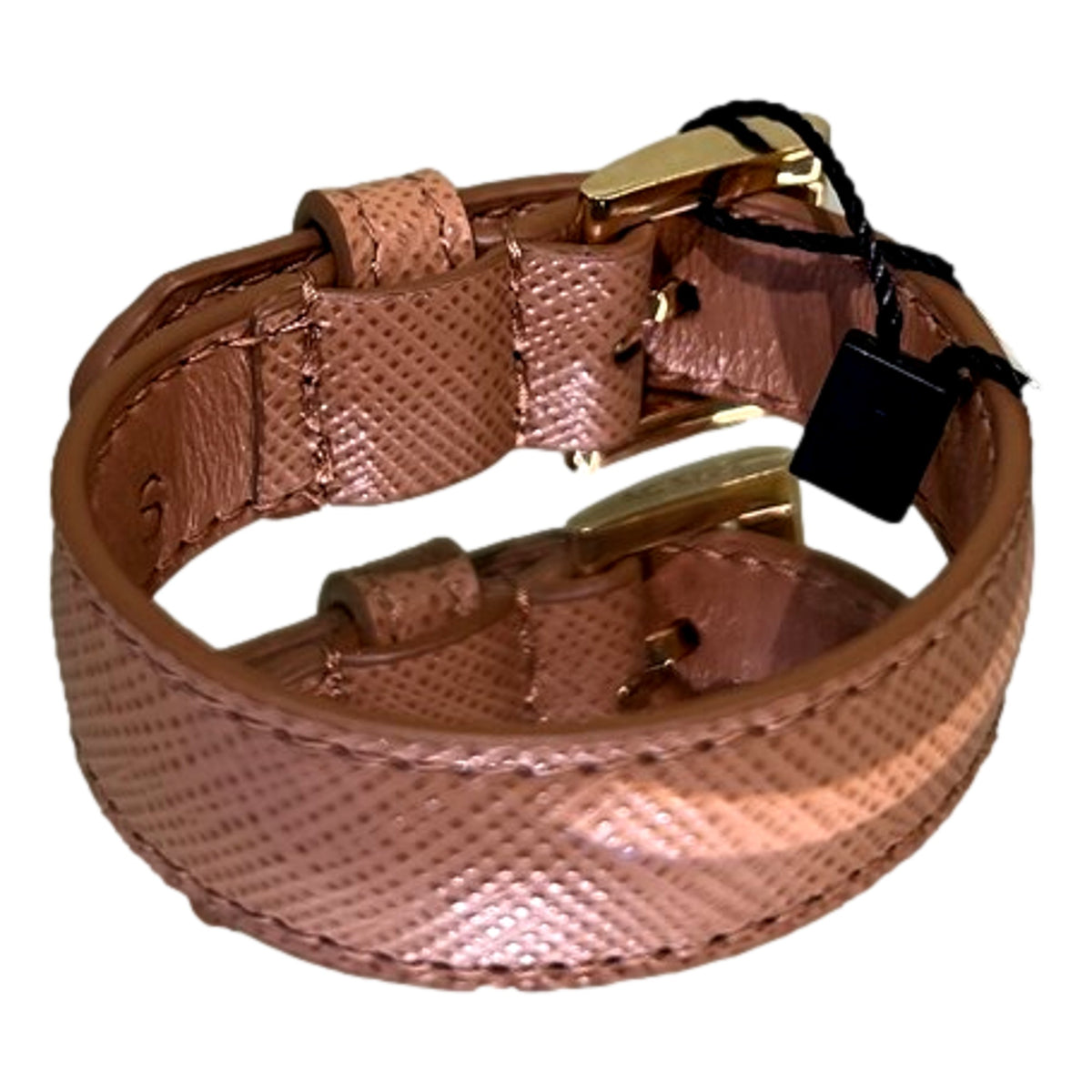 Prada Saffiano Leather Buckle Bracelet Natural Brown Size Medium - available at Queen Bee of Beverly Hills. 