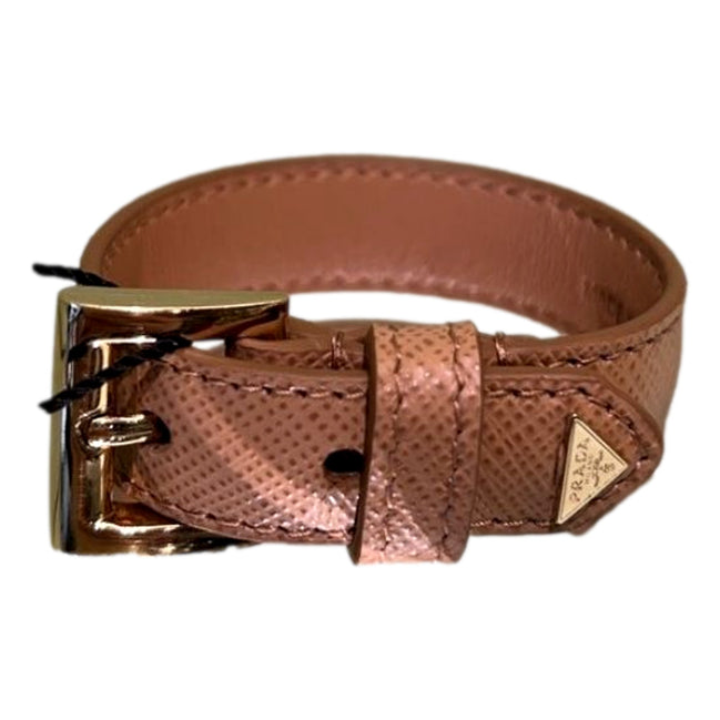 Prada Saffiano Leather Buckle Bracelet Natural Brown Size Medium - available at Queen Bee of Beverly Hills. 