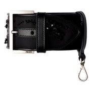 Prada Black Re-Nylon Buckle Wrist Strap with Beaded Embroidery and Leather Trim - available at Queen Bee of Beverly Hills. 