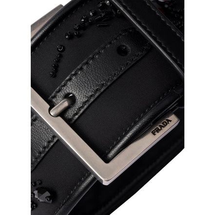 Prada Black Re-Nylon Buckle Wrist Strap with Beaded Embroidery and Leather Trim - available at Queen Bee of Beverly Hills. 