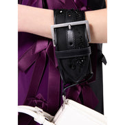 Prada Black Re-Nylon Buckle Wrist Strap with Beaded Embroidery and Leather Trim - available at Queen Bee of Beverly Hills. 