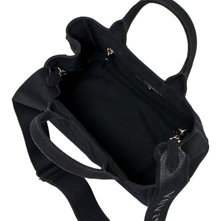 Prada Canapa Tote Handbag Canvas Embossed Lettering Logo Fabric Black available at Queen Bee of Beverly Hills