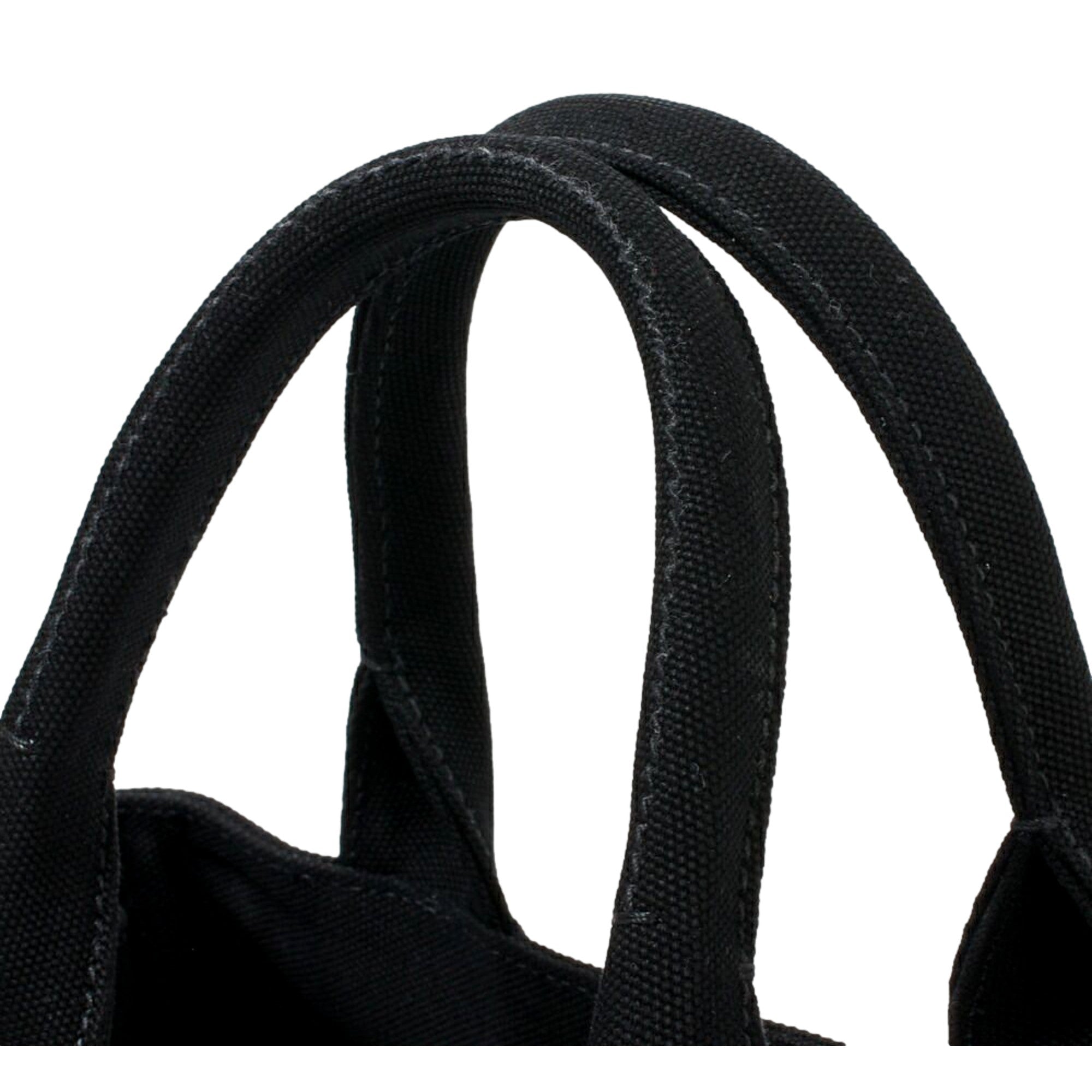 Prada Canapa Tote Handbag Canvas Embossed Lettering Logo Fabric Black available at Queen Bee of Beverly Hills