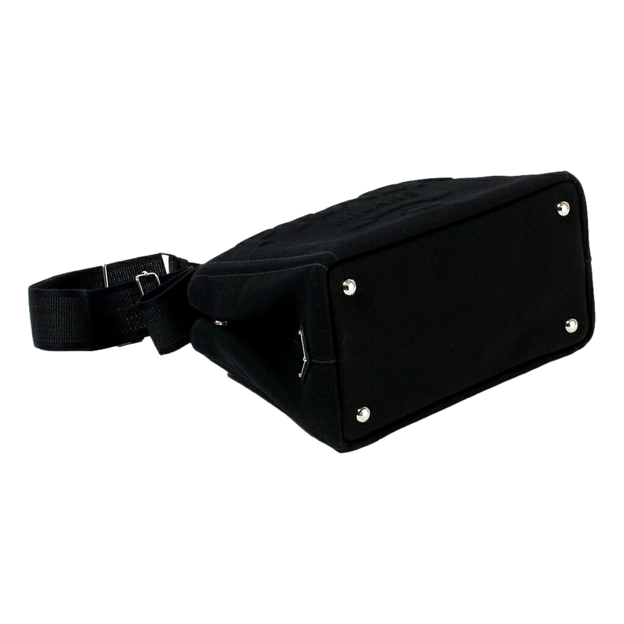 Prada Canapa Tote Handbag Canvas Embossed Lettering Logo Fabric Black available at Queen Bee of Beverly Hills