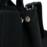 Prada Canapa Tote Handbag Canvas Embossed Lettering Logo Fabric Black available at Queen Bee of Beverly Hills