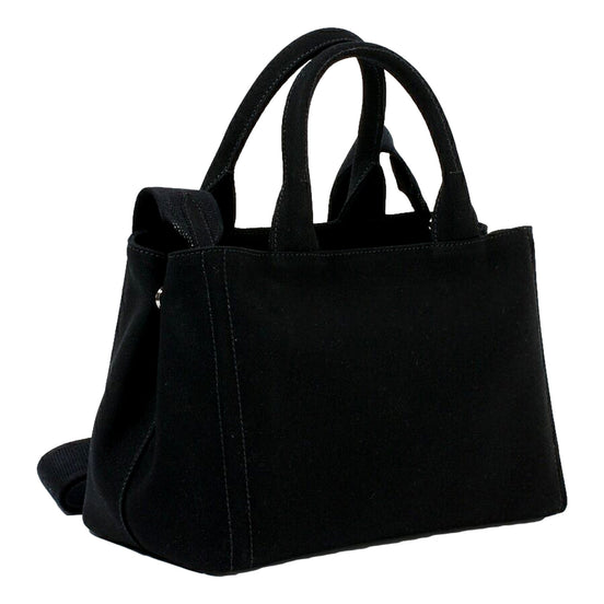 Prada Canapa Tote Handbag Canvas Embossed Lettering Logo Fabric Black available at Queen Bee of Beverly Hills