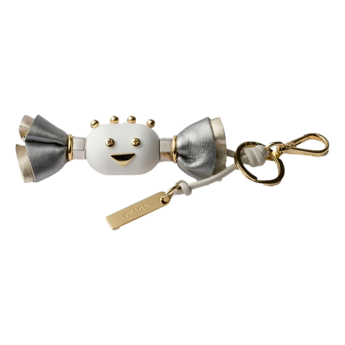 Prada White Silver Leather Candy Robot Bag Charm Keychain - available at Queen Bee of Beverly Hills. 